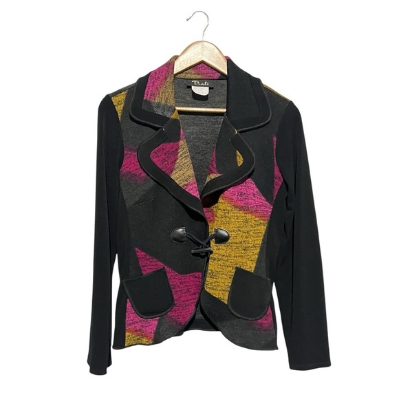 Bali Sweaters - Bali Sweater Colorblock Abstract Print Blazer Jacket Black Multi Petite Small